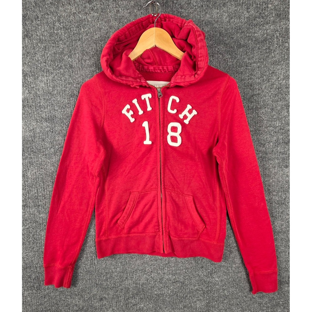 Abercrombie & Fitch Red Vintage‎ Y2K Zip Up Hoodie Fitch 18 L Logo Spell Out